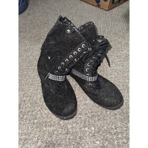 JUSTICE SIZE 6 BOOTS CUFF DOWN BLACK SILVER SHIMMER/CHEETAH STUD STRAP TRENDY